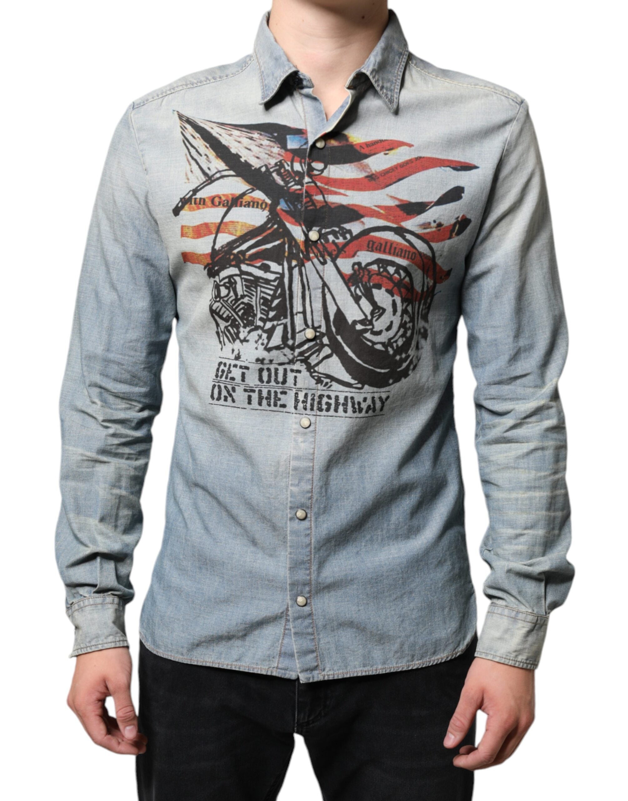 John Galliano light blue printed cotton denim long-sleeved shirt
